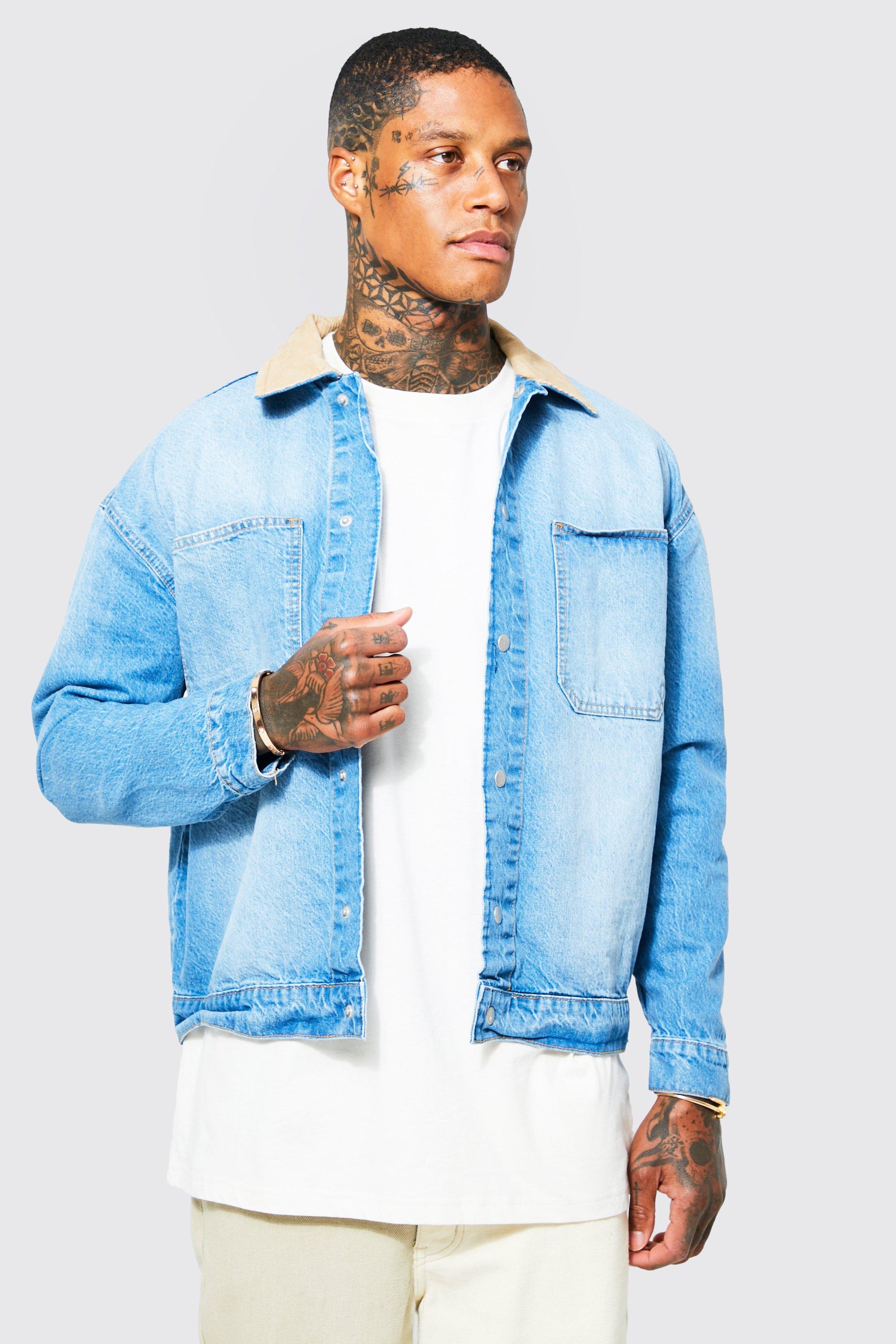 Oversized Cord Collar Popper Denim Jacket boohoo IE